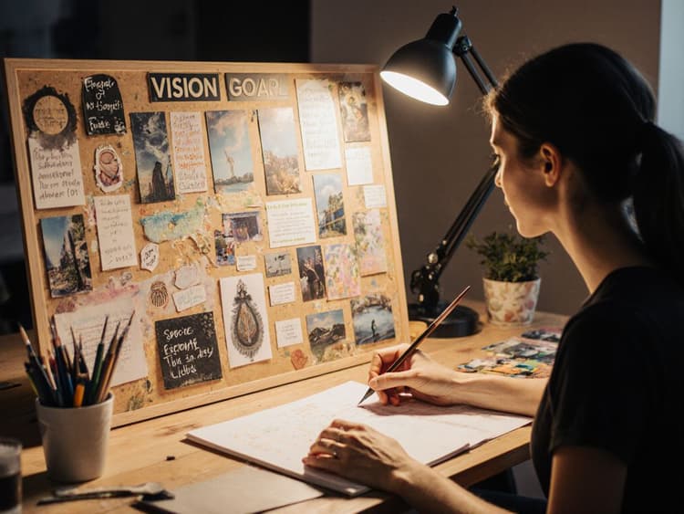 Artist creating vision board with inspiring images representing goal visualization and future planning