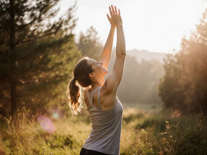 Person doing gentle movement in nature expressing joy and connection to their physical self