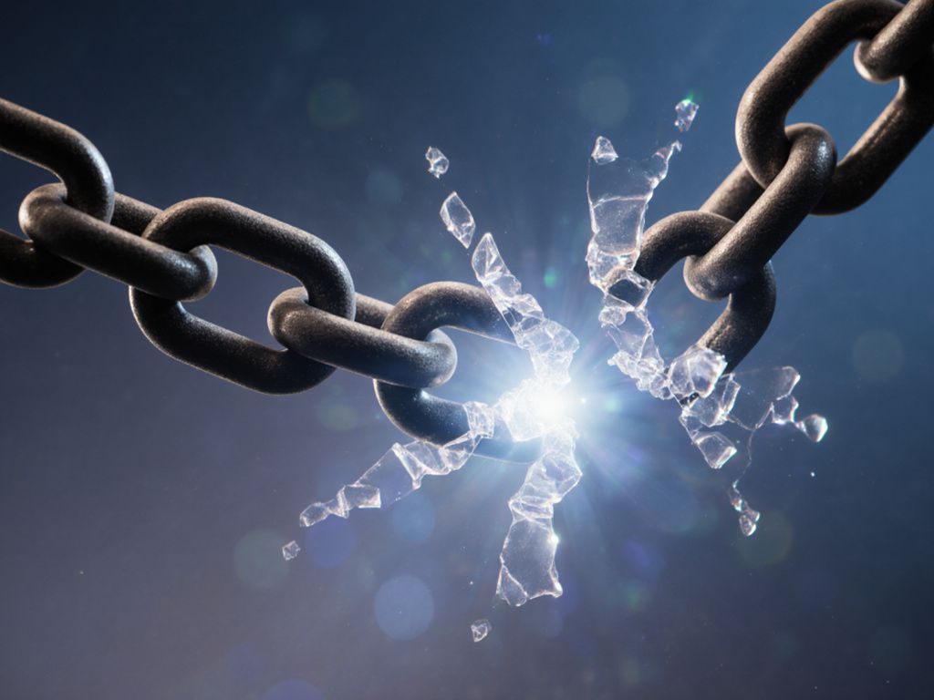 Broken chain with dissolving link representing breaking free from past emotional burdens
