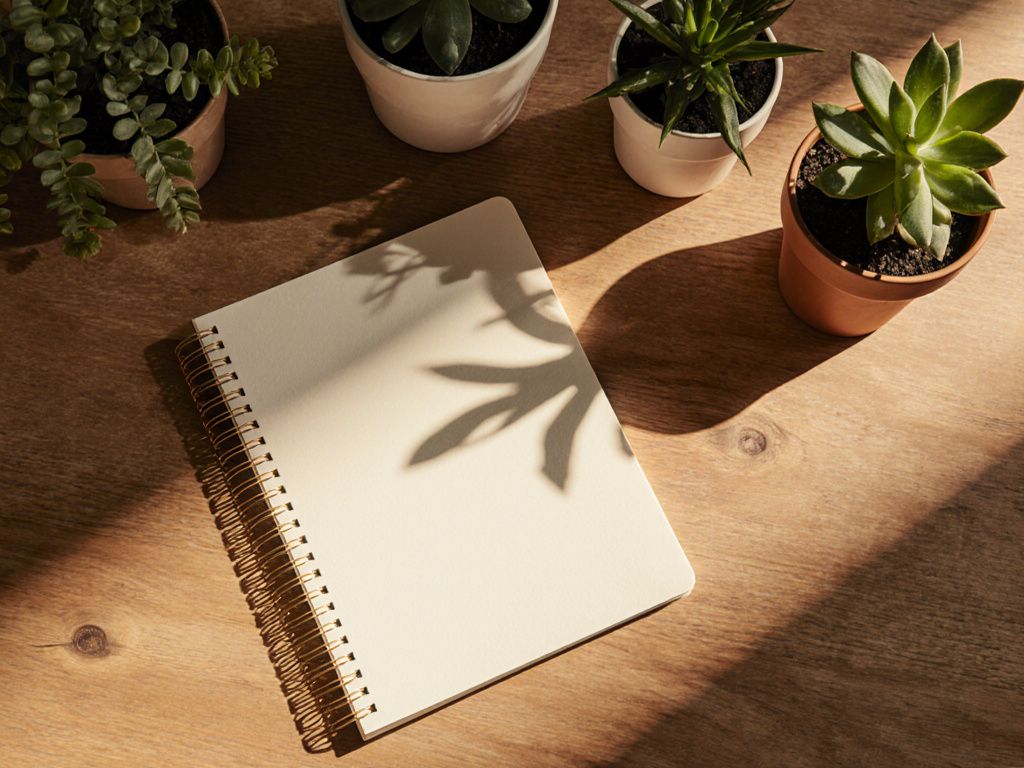 Inspiring workspace with journal and plants representing personal growth journey