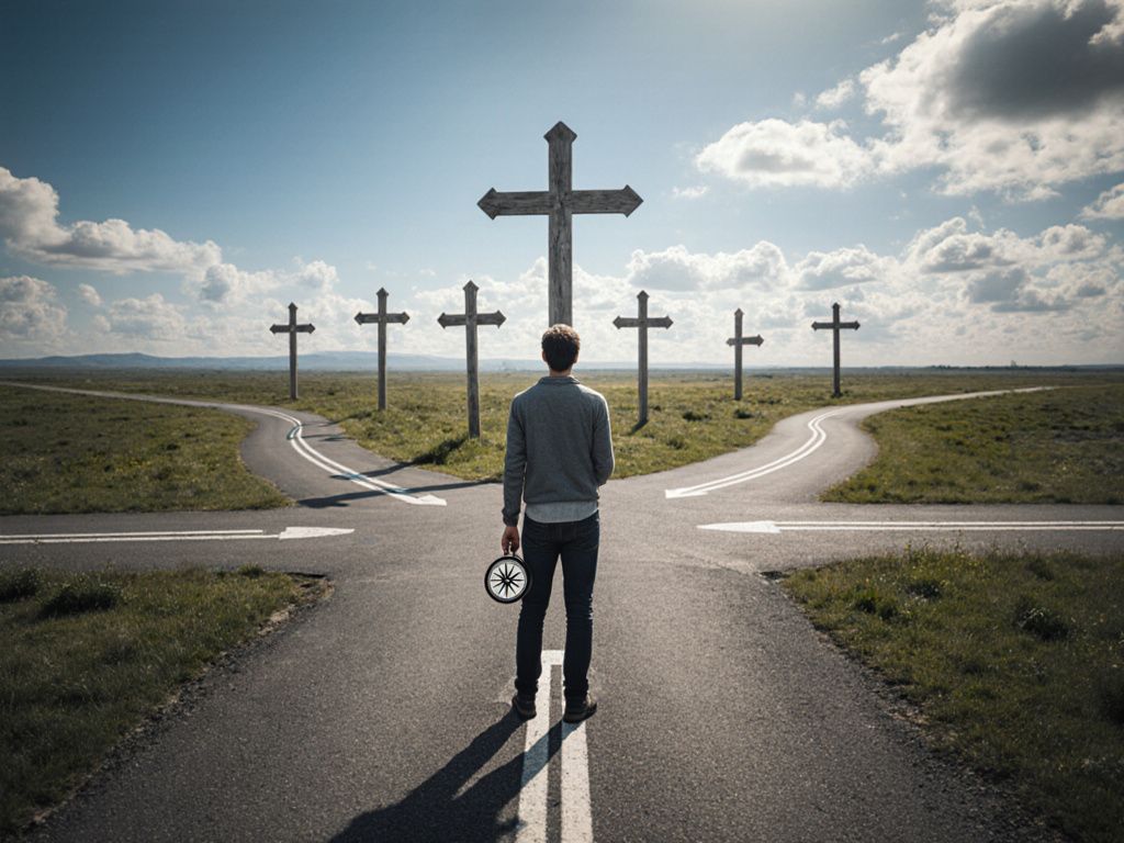 Person at crossroads with compass representing life direction and meaningful choices