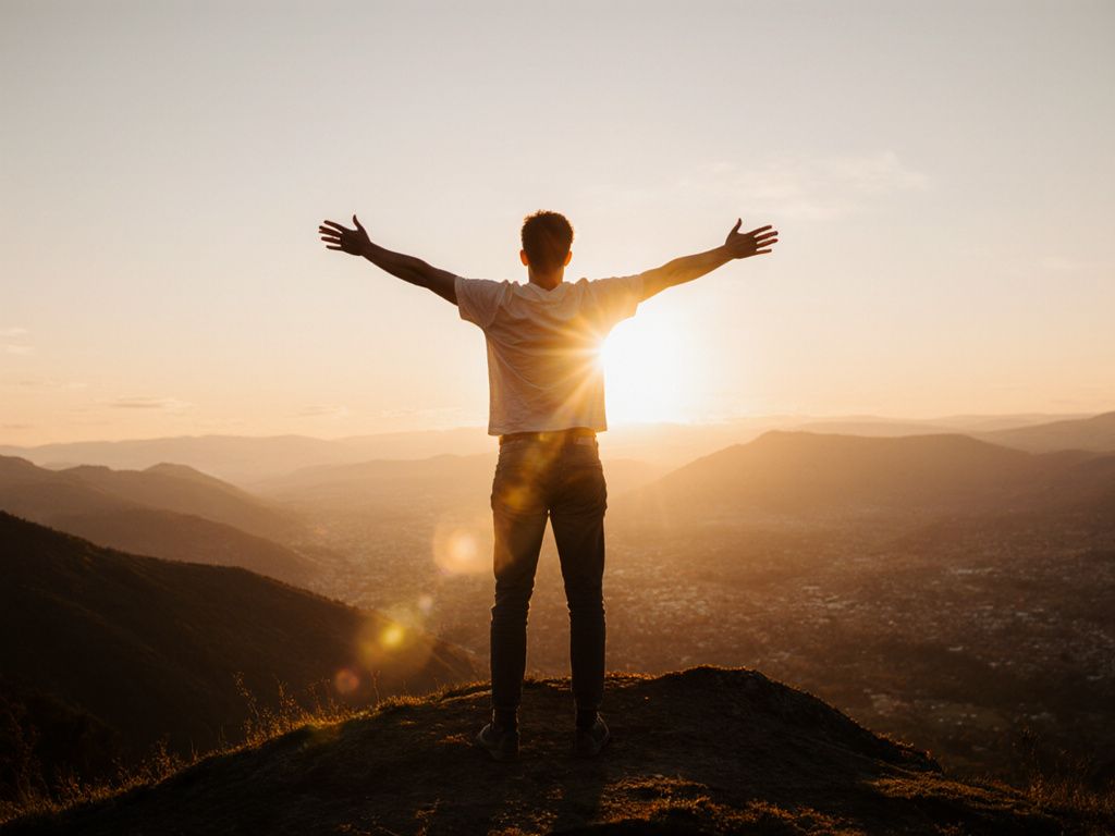 Person celebrating at sunrise overlooking valley representing hope and positive future outlook