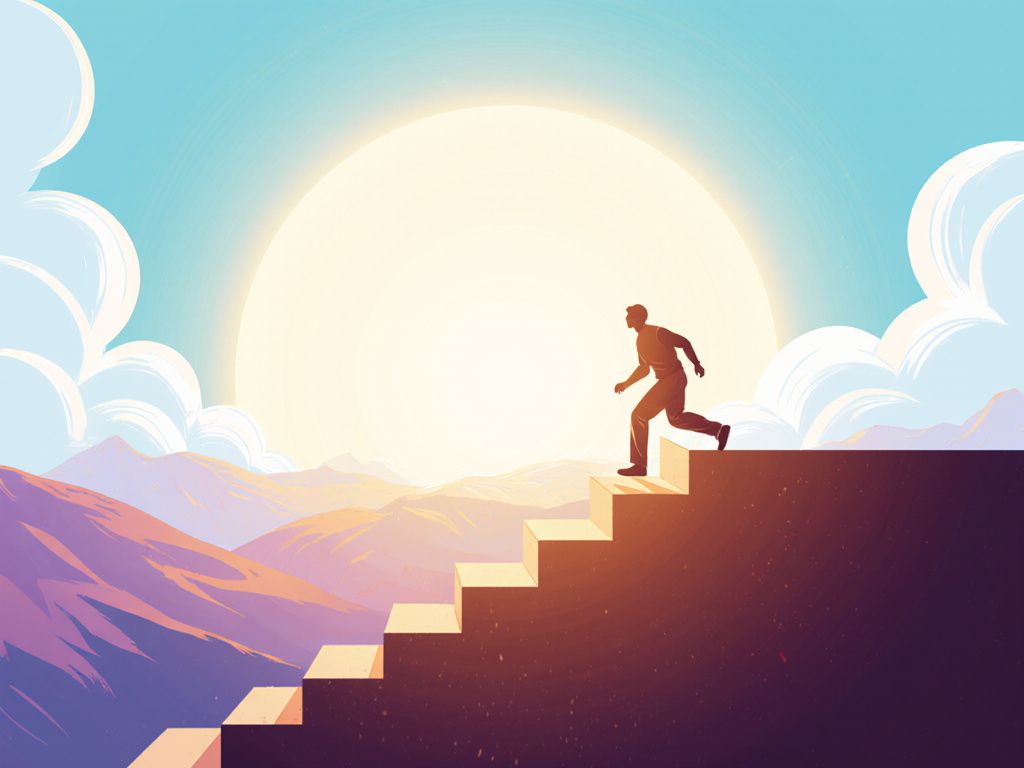 Person climbing steps toward bright horizon representing personal growth and transformation