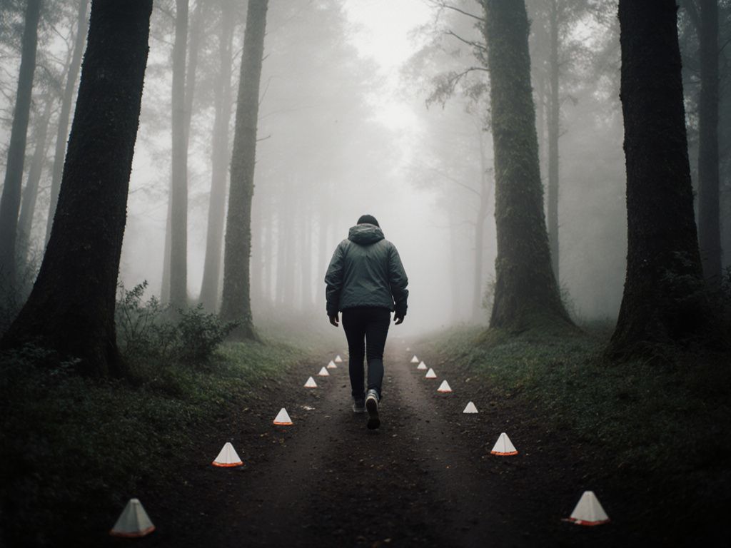 Person confidently walking through misty forest with obstacles representing courage to overcome challenges