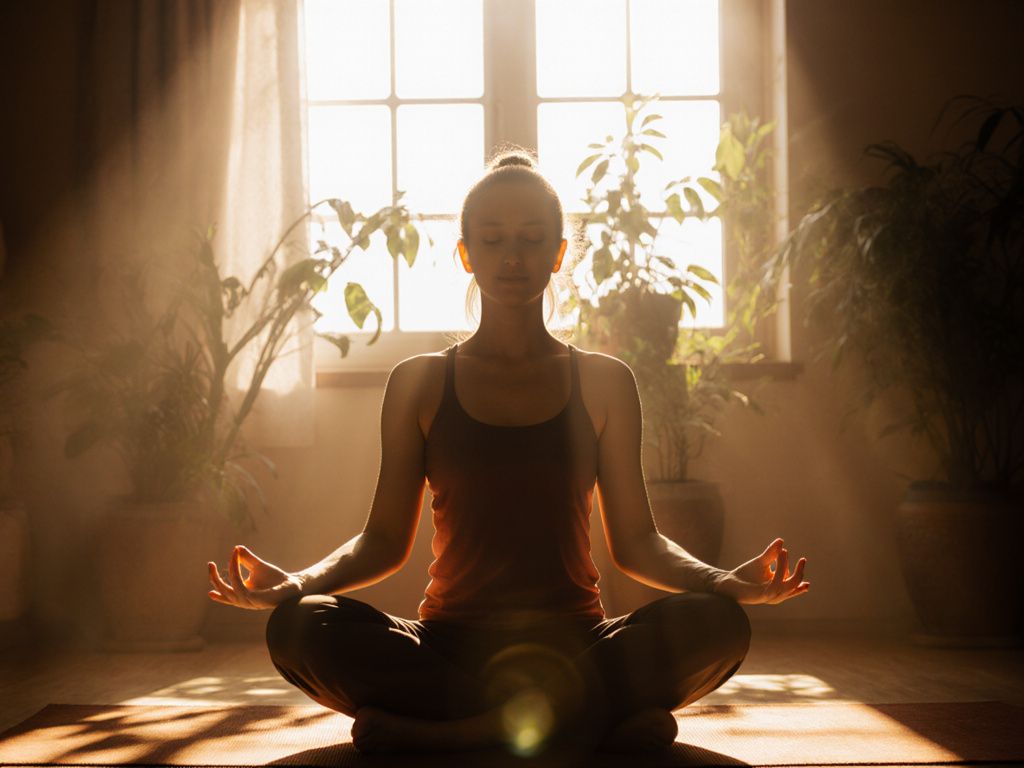 Person meditating peacefully in natural light representing inner peace and self-reflection