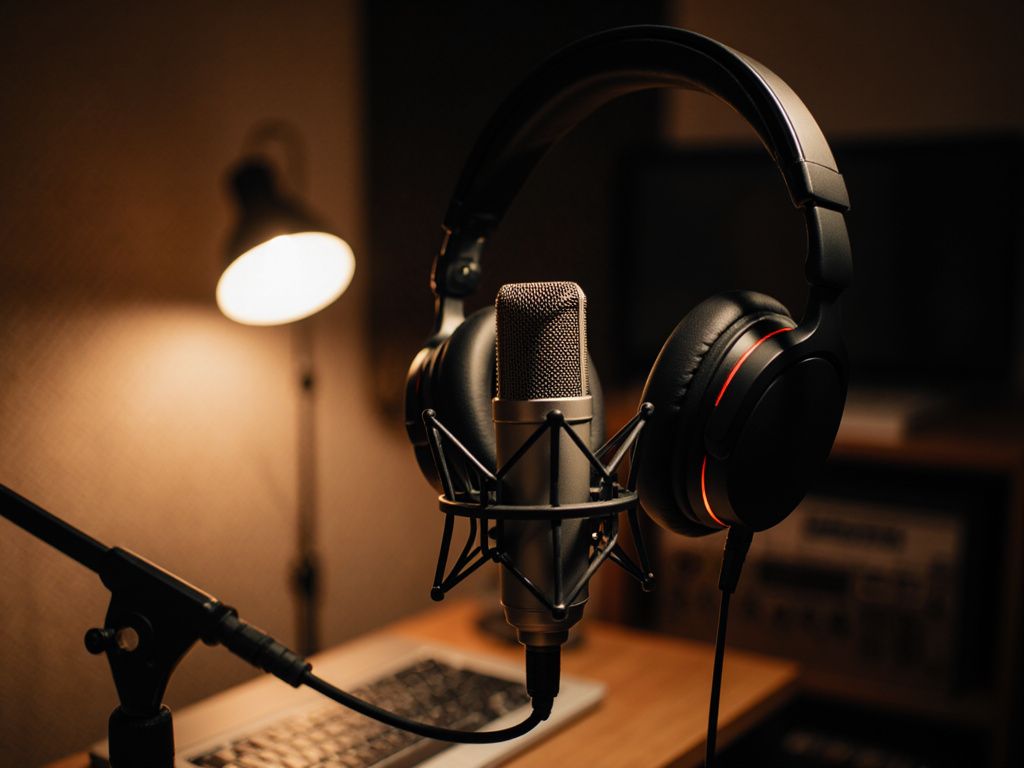 Podcast setup with headphones and microphone representing audio learning