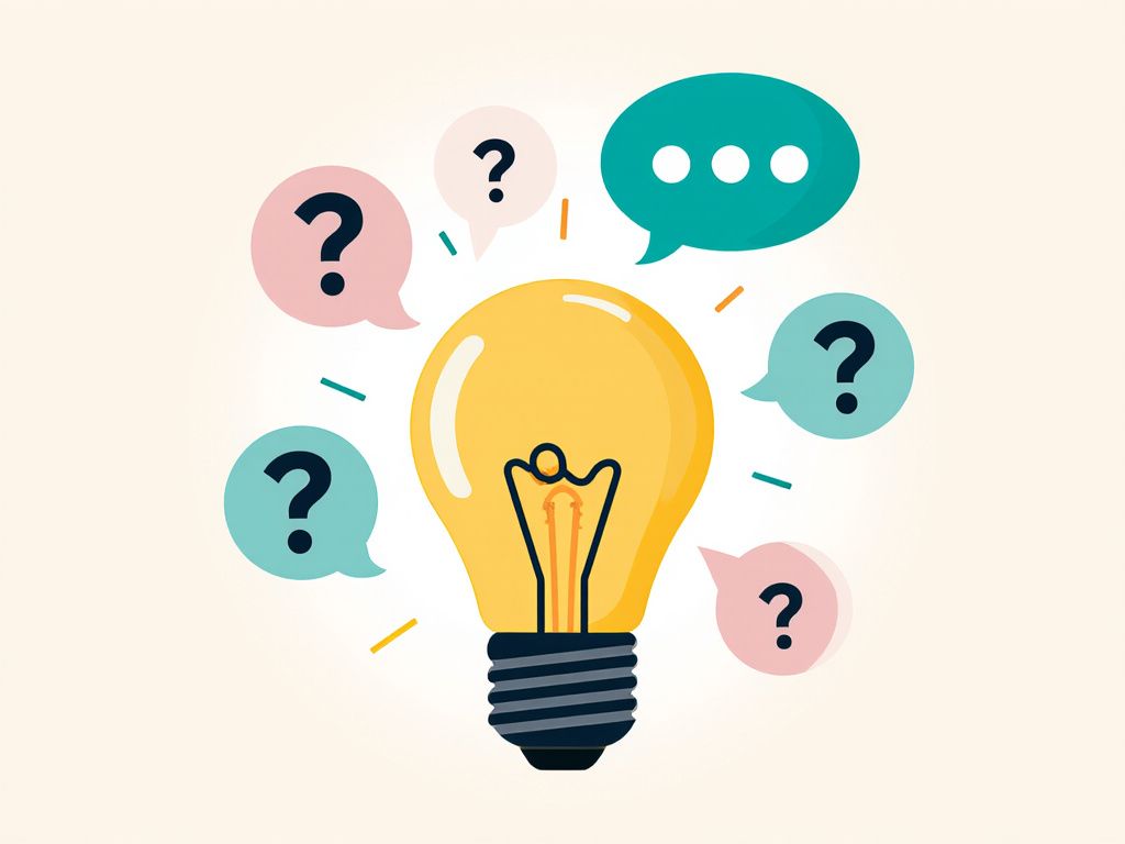 Speech bubbles with question marks around lightbulb representing FAQ and learning