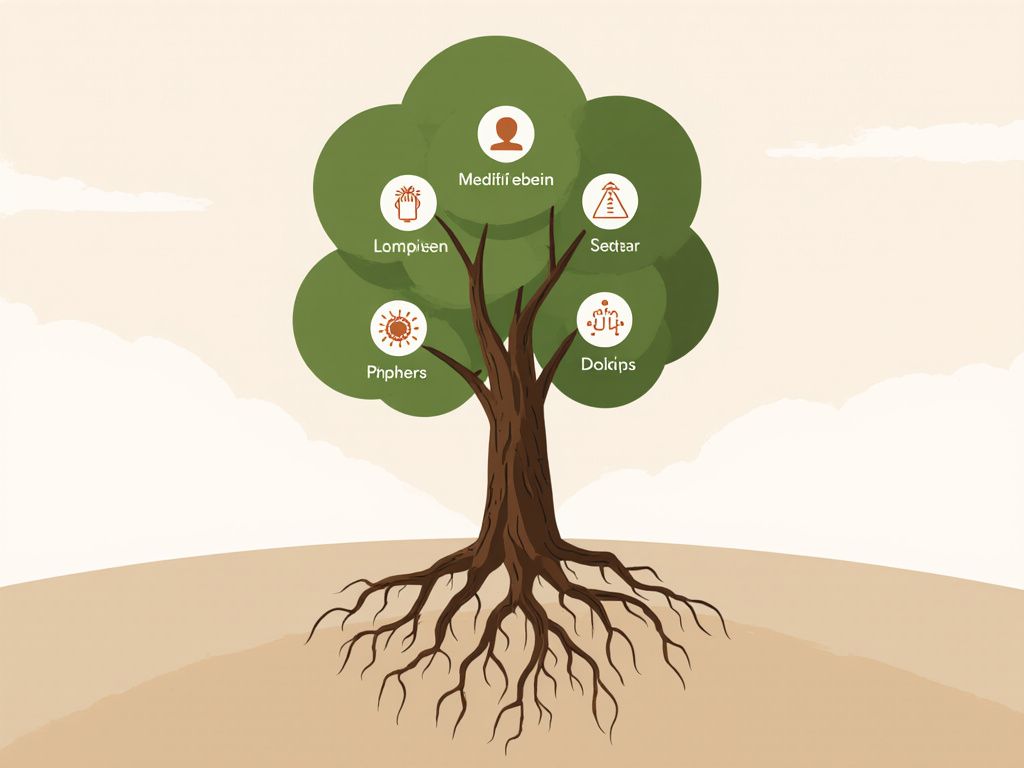 Tree illustration with four roots representing the pillars of self-love