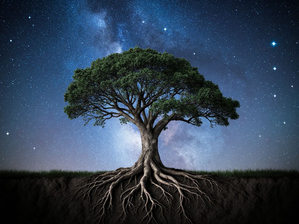 Wise tree with deep roots under starry sky representing wisdom and answers to life's questions